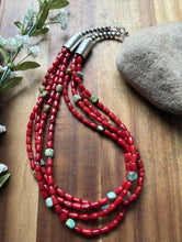 Load image into Gallery viewer, Sterling Silver Multi Strand Red Coral Turquoise Nuggets Bead Necklace 22 Inch