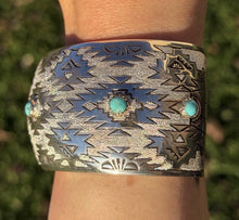 Load image into Gallery viewer, Navajo Native American Sterling Silver Turquoise Cuff Bracelet T