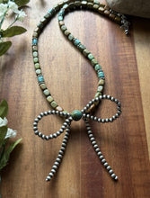 Load image into Gallery viewer, Bow Sterling Silver Blue Green Turquoise Pearls Bead Necklace. 18 inch Gift