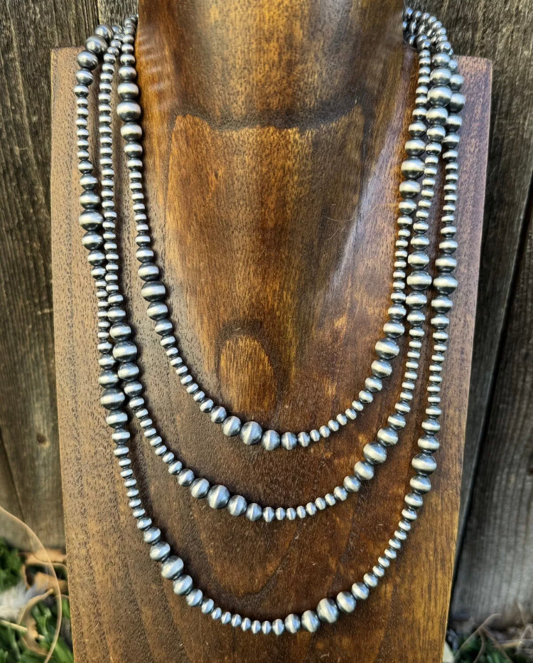 4mm - 8mm Multi Graduated Sterling Silver Oxidized Pearls Bead Necklace 60 Inch