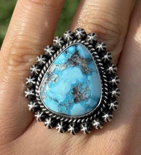 Native American Navajo Sterling Silver Turquoise Ring. Size 8.5 H Happy Piasso