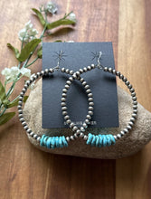 Load image into Gallery viewer, Large Sterling Silver Blue Turquoise Bead 4mm Pearls Loop Hoop Earrings. 3 Inch