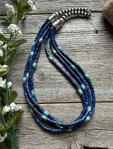 Sterling Silver Multi Strand Lapis  Turquoise Pearls Bead Necklace. 24 inch
