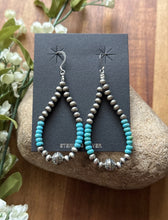 Load image into Gallery viewer, Sterling Silver Blue Turquoise Bead W Pearls Loop Hoop Earrings.