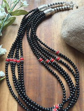 Load image into Gallery viewer, Sterling Silver Multi Strand Black Onyx Red Coral Bead Necklace. 22 Inch