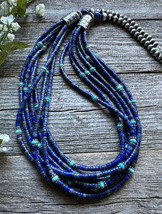 Sterling Silver Multi Strand Stone Lapis Turquoise Bead Necklace. 30 inch