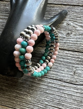 Load image into Gallery viewer, Sterling Silver Pink Conch Turquoise Pearls Wrap Spiral Bead Bracelet