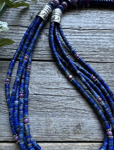Sterling Silver Multi Strand Stone Lapis Purple Charoite Bead Necklace. 26 inch