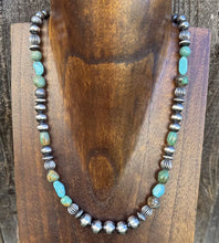 Load image into Gallery viewer, Sterling Silver Blue Green Turquoise W Pearls Round Bead Necklace 18 inch Gift