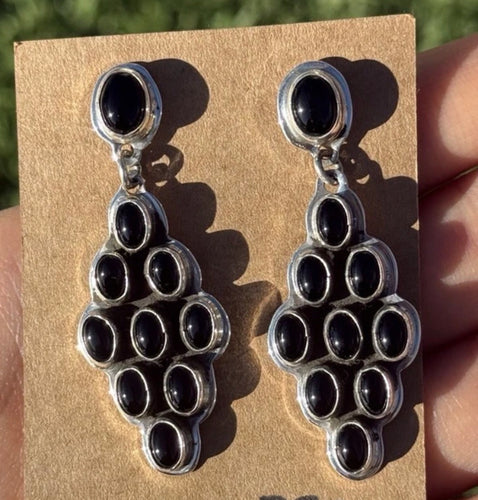 Navajo Native American Sterling Silver Black Onyx Cluster Earrings. Gift Geneva