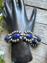 Load image into Gallery viewer, Floral Sterling Silver Blue Lapis Pearls Bead Bracelet. 8 Inch
