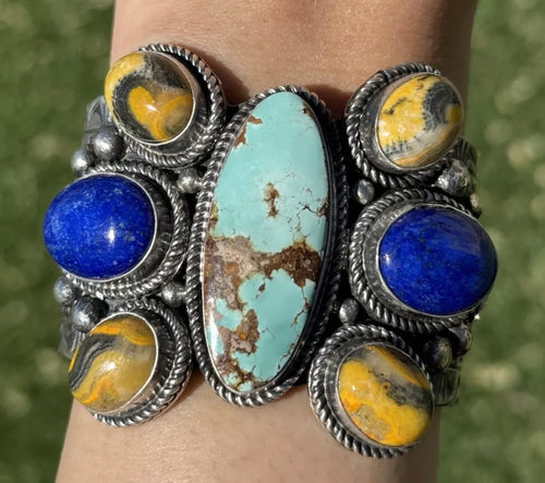 Navajo Sterling Silver Multi Stone Turquoise Lapis Jasper Cuff Bracelet KY