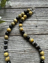 Load image into Gallery viewer, Sterling Silver Black Onyx Bumblebee Jasper Bead Necklace. 18 inch.