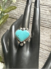 Load image into Gallery viewer, Native American Sterling Silver Blue Turquoise Adjustable Heart Ring. AM