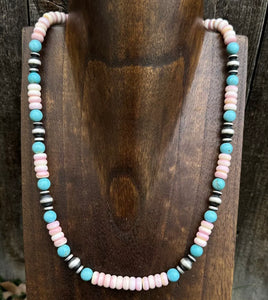 Sterling Silver Pink Conch Blue Turquoise Bead Necklace 20 Inch. Gift