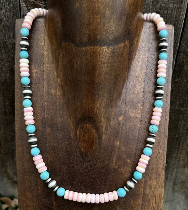 Sterling Silver Pink Conch Blue Turquoise Bead Necklace 20 Inch. Gift