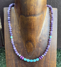 Load image into Gallery viewer, Sterling Silver Dyed Sugilite Charoite W Turquoise Bead Necklace 18 inch