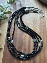 Load image into Gallery viewer, Sterling Silver Multi Strand Black Onyx Turquoise Bead Necklace. 22 Inch