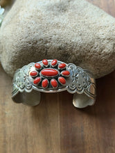 Load image into Gallery viewer, Navajo Native Sterling Silver Red Coral Cluster Cuff Bracelet Rew Dineh