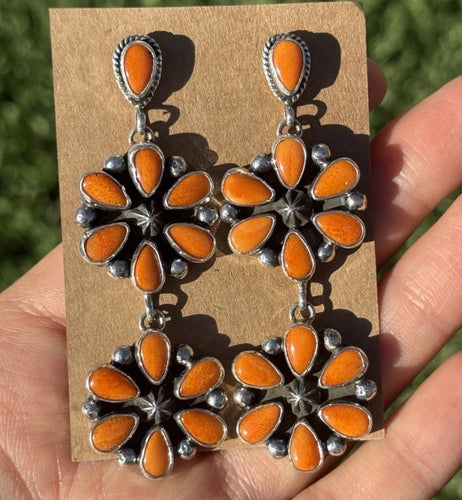 Navajo 925 Sterling Silver Orange Spiny Oyster  Cluster Handmade Earrings LY