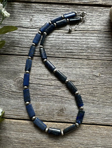 Sterling Silver Lapis Pearls Bead Necklace. 18 inch