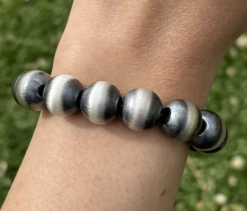 14mm 7 Inch Stretch Sterling Silver Oxidized Pearls Bead Bracelet Southwestern