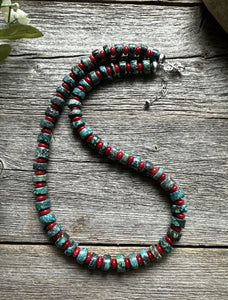Sterling Silver Heishi Turquoise Coral Bead Necklace. 18 inch