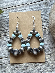 Sterling Silver Blue Larimar W Pearls Bead Loop Corrugated Earrings. 2.4 Inch
