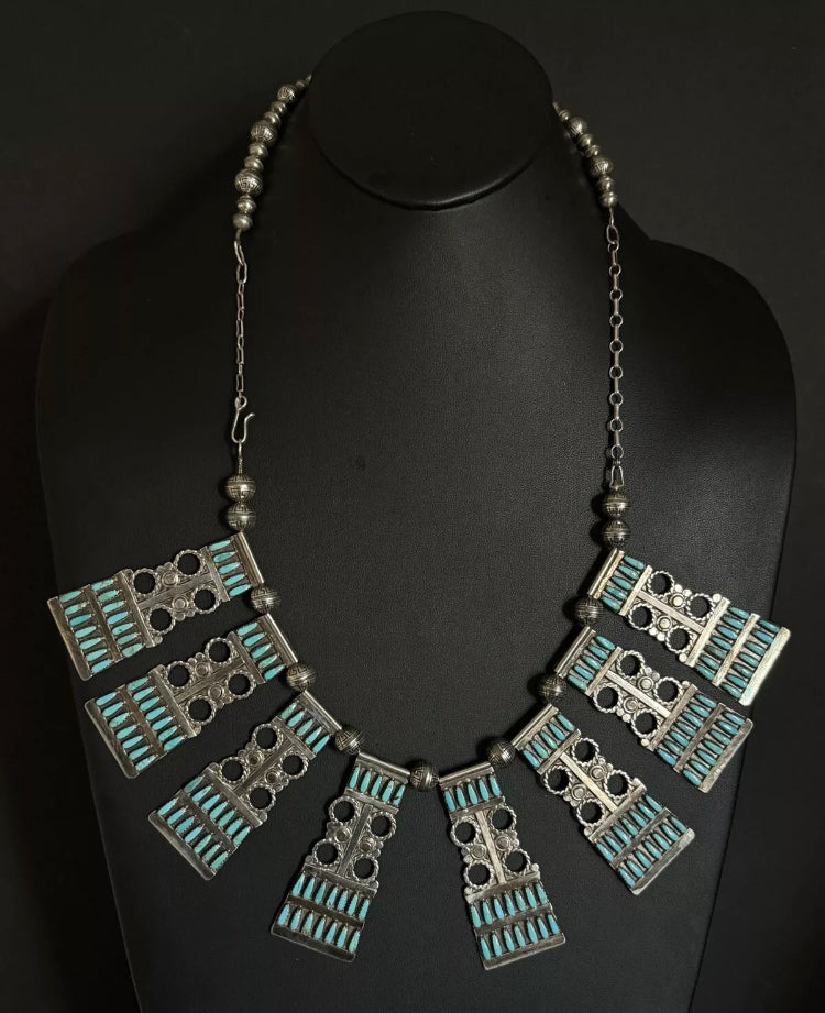 Native American Navajo Sterling Silver Turquoise Pearls Bead Necklace L By Joe