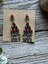 Load image into Gallery viewer, Navajo Native American Sterling Silver Red Coral Cluster Earrings. Gift Geneva