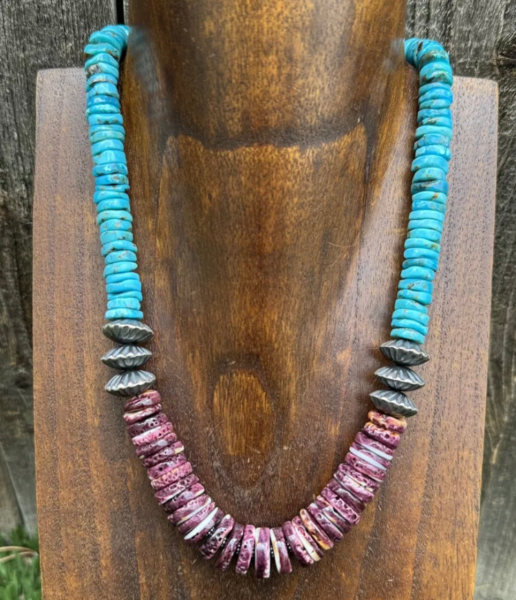 Sterling Silver Purple Spiny Oyster W Turquoise Bead Necklace. 18 inch