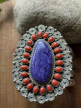 Load image into Gallery viewer, Tonya Rafael Navajo Sterling Silver Purple Charoite Coral Cluster Cuff Bracelet
