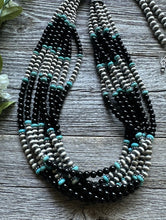Load image into Gallery viewer, Sterling Silver Multi Strand Black Onyx with Turquoise Bead Necklace. 30 Inch