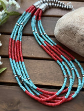 Load image into Gallery viewer, Sterling Silver Multi Strand Heishi Bamboo Coral Turquoise Bead Necklace 24 Inch