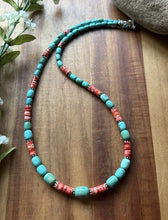 Load image into Gallery viewer, Sterling Silver Graduated Turquoise Heishi Spiny Oyster Bead Necklace 23 Inch