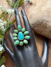 Load image into Gallery viewer, Navajo Sterling Silver Sonoran Gold Turquoise Cluster Ring Size 9 Geneva