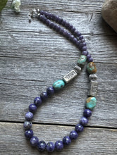 Load image into Gallery viewer, Southwestern Sterling Silver Charoite Turquoise Kokopelli Bead Necklace. 20 Inch