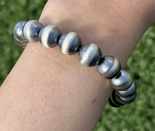 12mm 7 Inch 925 Sterling Silver Oxidized Pearls Bead Bracelet Southwestern