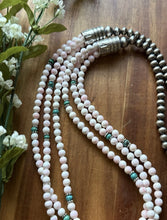 Load image into Gallery viewer, Sterling Silver Pink Conch Turquoise Pearls Multi Strand Bead Necklace. 30 Inch