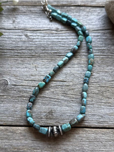 Sterling Silver Turquoise Nuggets Corrugated Pearl Bead Necklace. 18 inch