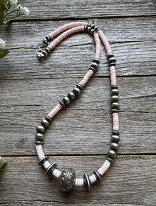Southwestern Sterling Silver Pink Conch Bead Necklace. 22 Inch