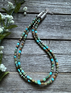 Sterling Silver Multi 2 Strand Blue Green Turquoise Bead Necklace. 20 inch