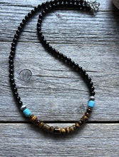 Load image into Gallery viewer, Sterling Silver Black Onyx Tigers Eye Turquoise Bead Necklace. 18 Inch Gift