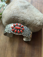 Load image into Gallery viewer, Navajo Native Sterling Silver Red Coral Cluster Cuff Bracelet Rew Dineh