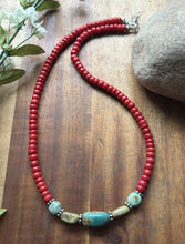 Load image into Gallery viewer, Sterling Silver Red Coral Turquoise Nuggets Bead Necklace 18 inch