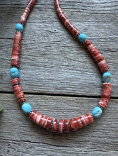 Load image into Gallery viewer, Heishi Sterling Silver Sleeping Beauty Turquoise Spiny Oyster Bead Necklace 18”