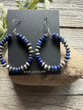 Load image into Gallery viewer, Southwestern 925 Sterling Silver Lapis Pearls Hoop Earrings.