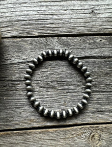 6mm 7 Inch Stretch Sterling Silver Oxidized Pearls Bead Bracelet Southwestern