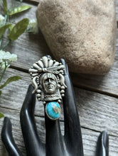 Load image into Gallery viewer, Navajo Sterling Silver Turquoise Indian Chief Head Adjustable Ring Russell Sam