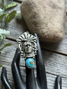 Navajo Sterling Silver Turquoise Indian Chief Head Adjustable Ring Russell Sam